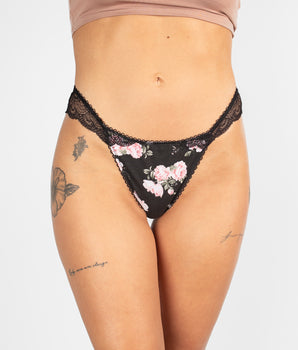 Rosy Retro Black Cotton Lace Thong